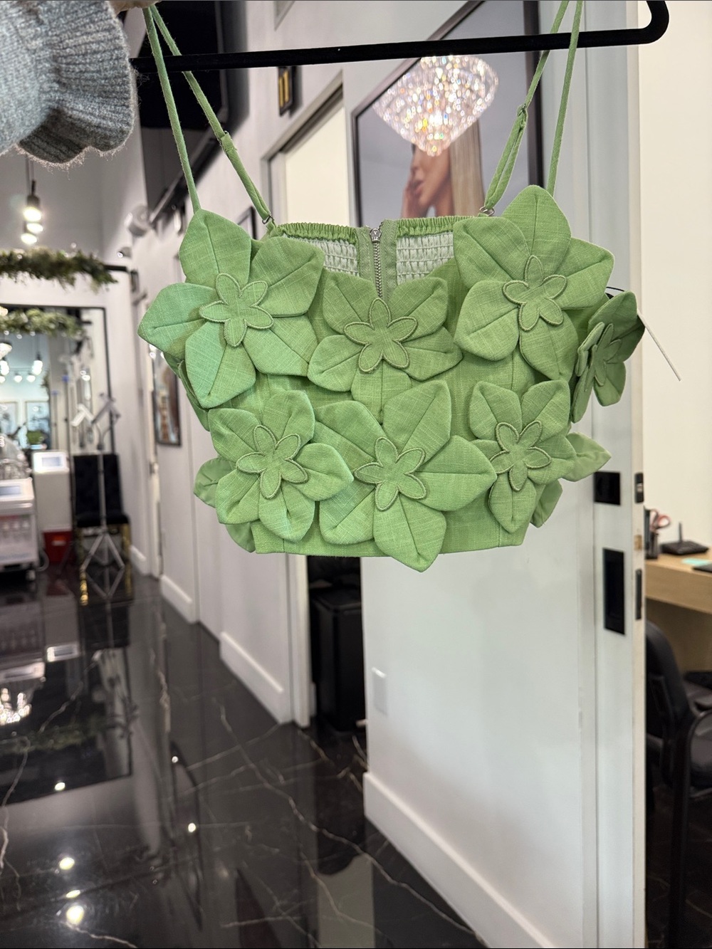 Green Floral Appliqué Crop top and skirt set